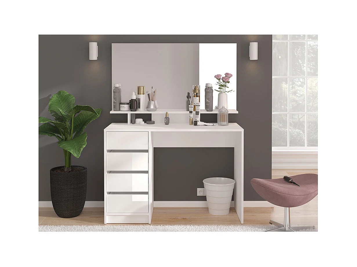 Emma console 4 tiroirs 1 étagère, avec miroir blanc brillant.