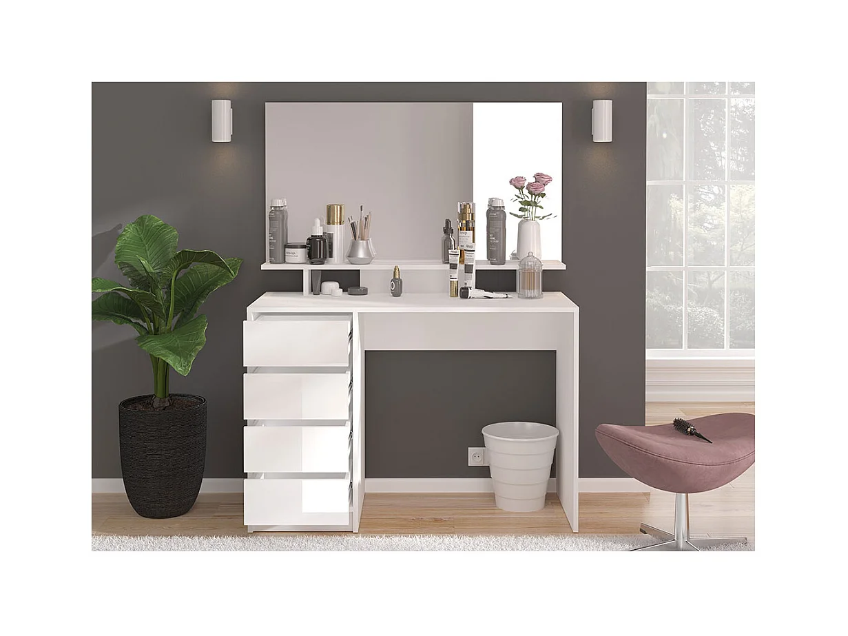 Emma console 4 tiroirs 1 étagère, avec miroir blanc brillant.