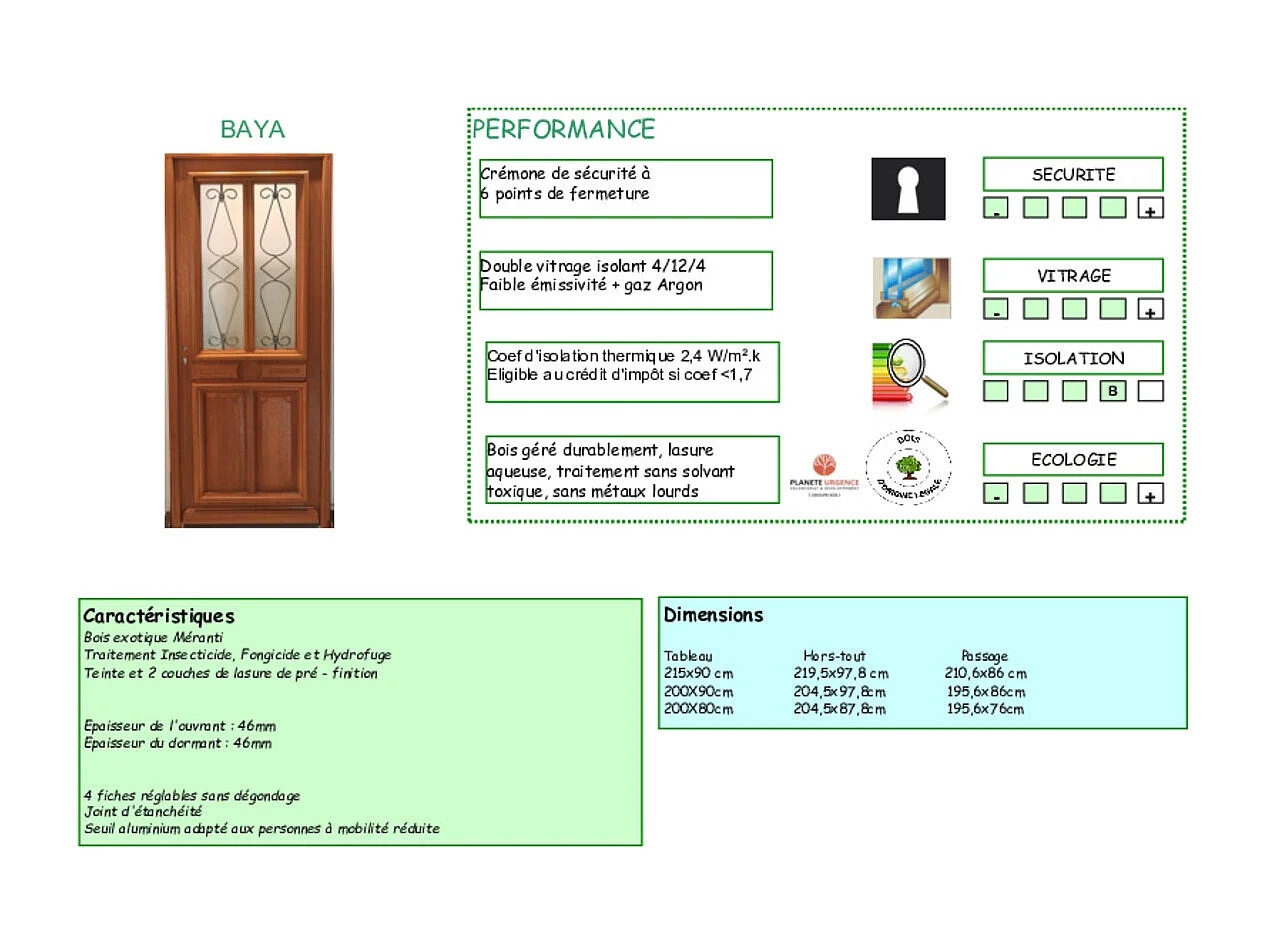 Porte d'entree Bois vitree, Baya, H,200xl,90  p, gauche Cotes Tableau