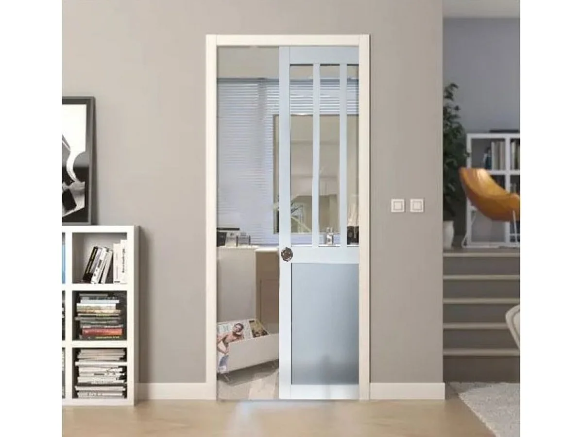 Porte Coulissante Atelier Blanc Et Panneau Gris Ral7035 Vitree H204 X L73 + Systeme A  Galandage (sans Kit Finition) Gd Menuiseries