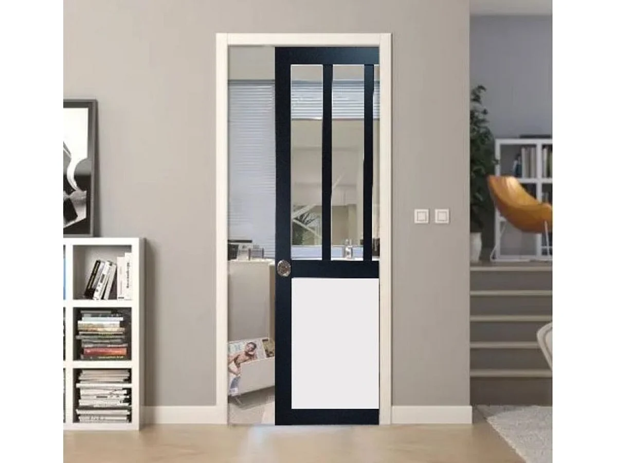Porte Coulissante Atelier Noir, Panneau Blanc Vitrée H204 X L73 Cm, Galandage Gd Menuiseries