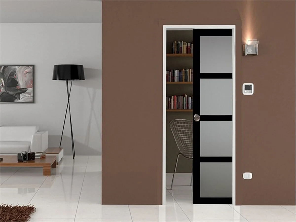 Porte Coulissante Telia Noir Vitree H204 X L73 + Systeme A  Galandage (sans Kit Finition) Gd Menuiseries