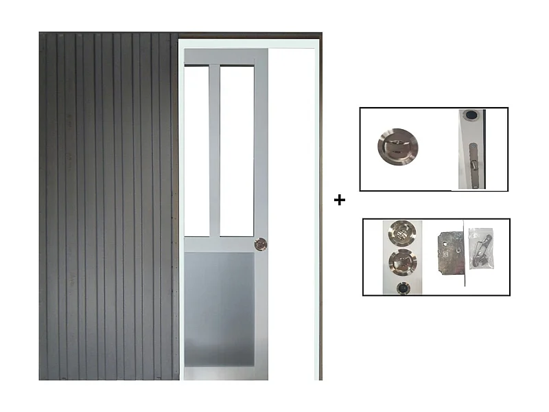 Porte Coulissante Atelier Blanc Et Panneau Gris Ral7035 Vitree H204 X L83 + Systeme A  Galandage (sans Kit Finition) Gd Menuiseries