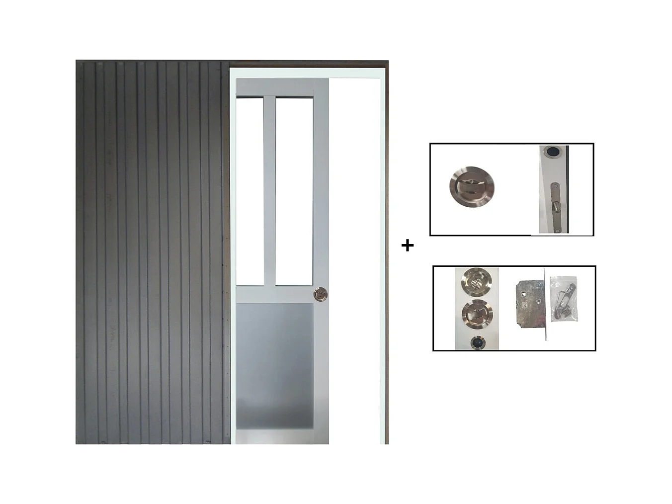 Porte Coulissante Atelier Blanc Et Panneau Gris Ral7035 Vitree H204 X L83 + Systeme A  Galandage (sans Kit Finition) Gd Menuiseries