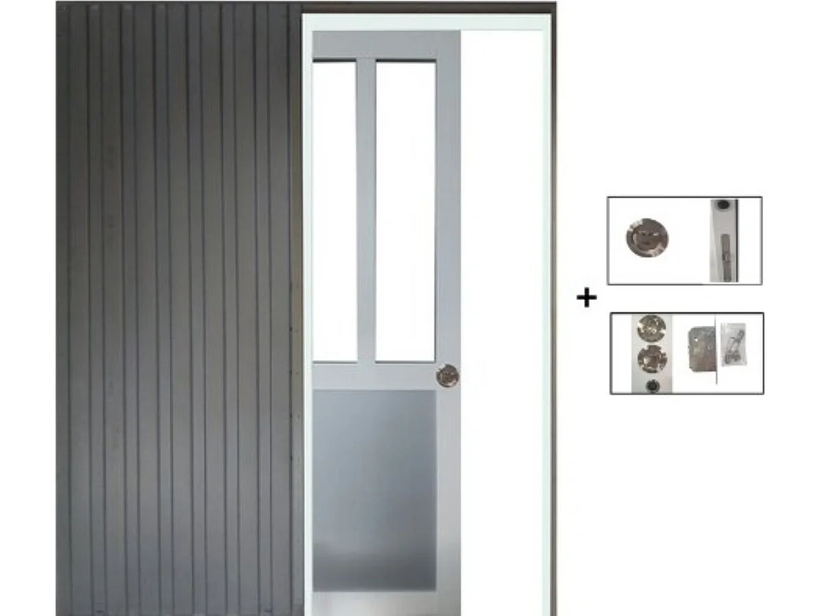 Porte Coulissante Atelier Blanc Et Panneau Gris Ral7035 Vitree H204 X L83 + Systeme A  Galandage (sans Kit Finition) Gd Menuiseries