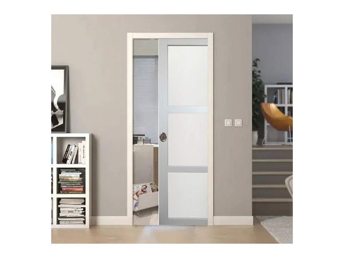 Porte Coulissante Greyria Gris Clair Ral7035 Vitree H204 X L83 + Systeme A  Galandage (sans Kit Finition) Gd Menuiseries