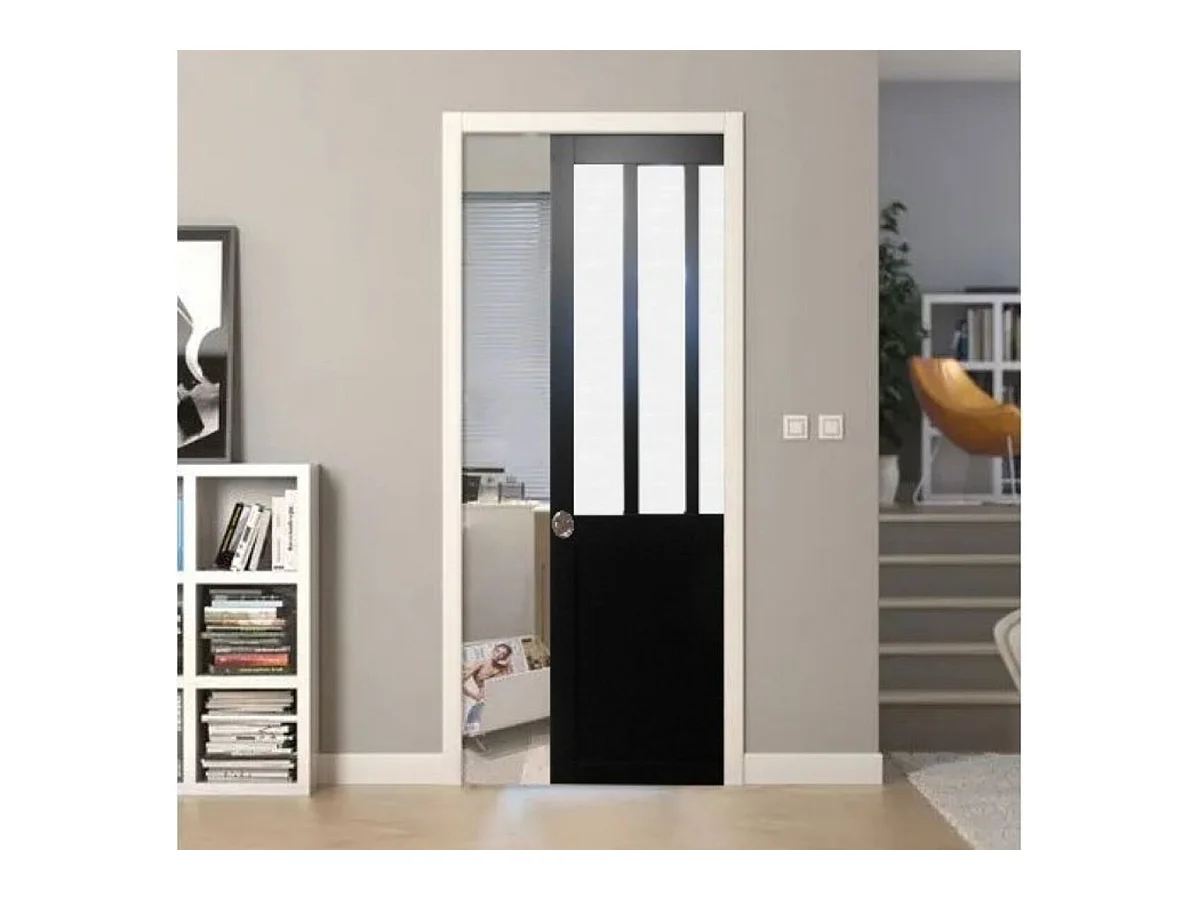 Porte Coulissant Atelier Noir Vitre Depoli H204 X L73 + Systeme A  Galandage (sans Kit Finition) Gd Menuiseries