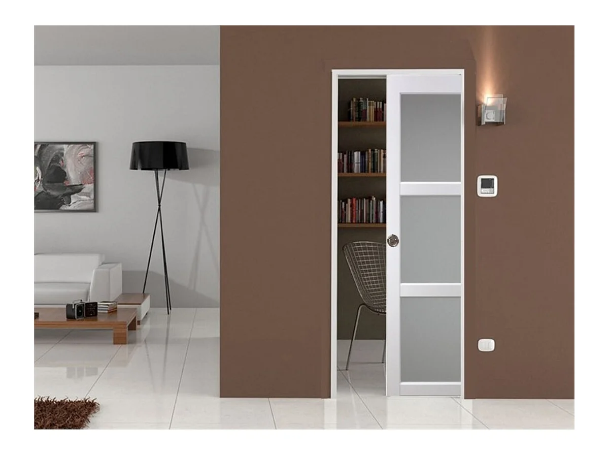 Porte Coulissante Kenya Blanc Vitree H204 X L83 + Systeme A  Galandage (sans Kit Finition) Gd Menuiseries