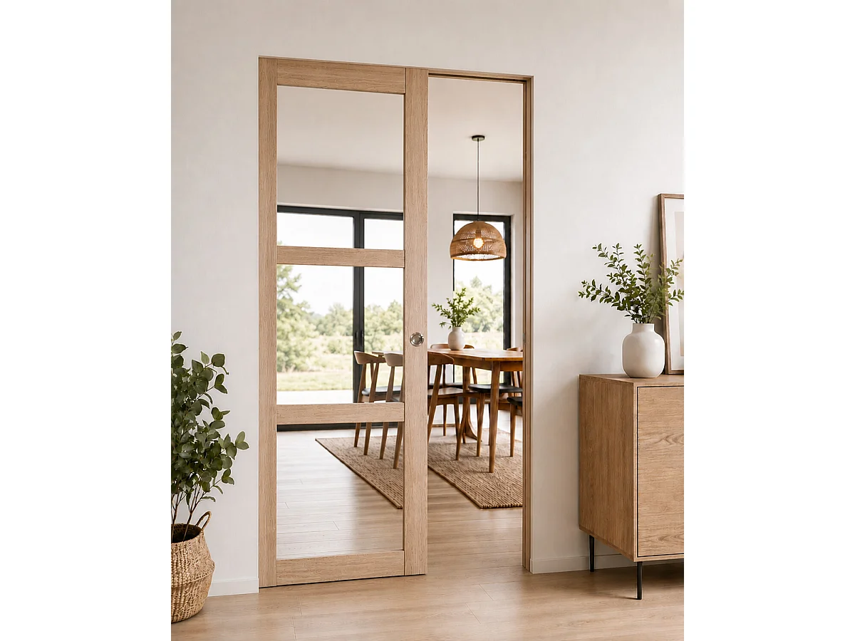 Porte Coulissante Bois Frake Vitrage Transparent H204 X L73 Cm, Galandage Gd Menuiseries
