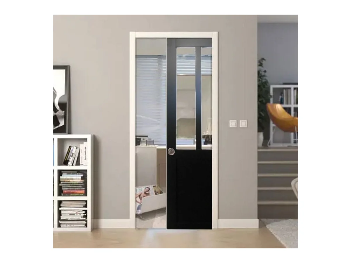 Porte Coulissant Atelier Noir H204 X L73 + Systeme A  Galandage (sans Kit Finition) Gd Menuiseries