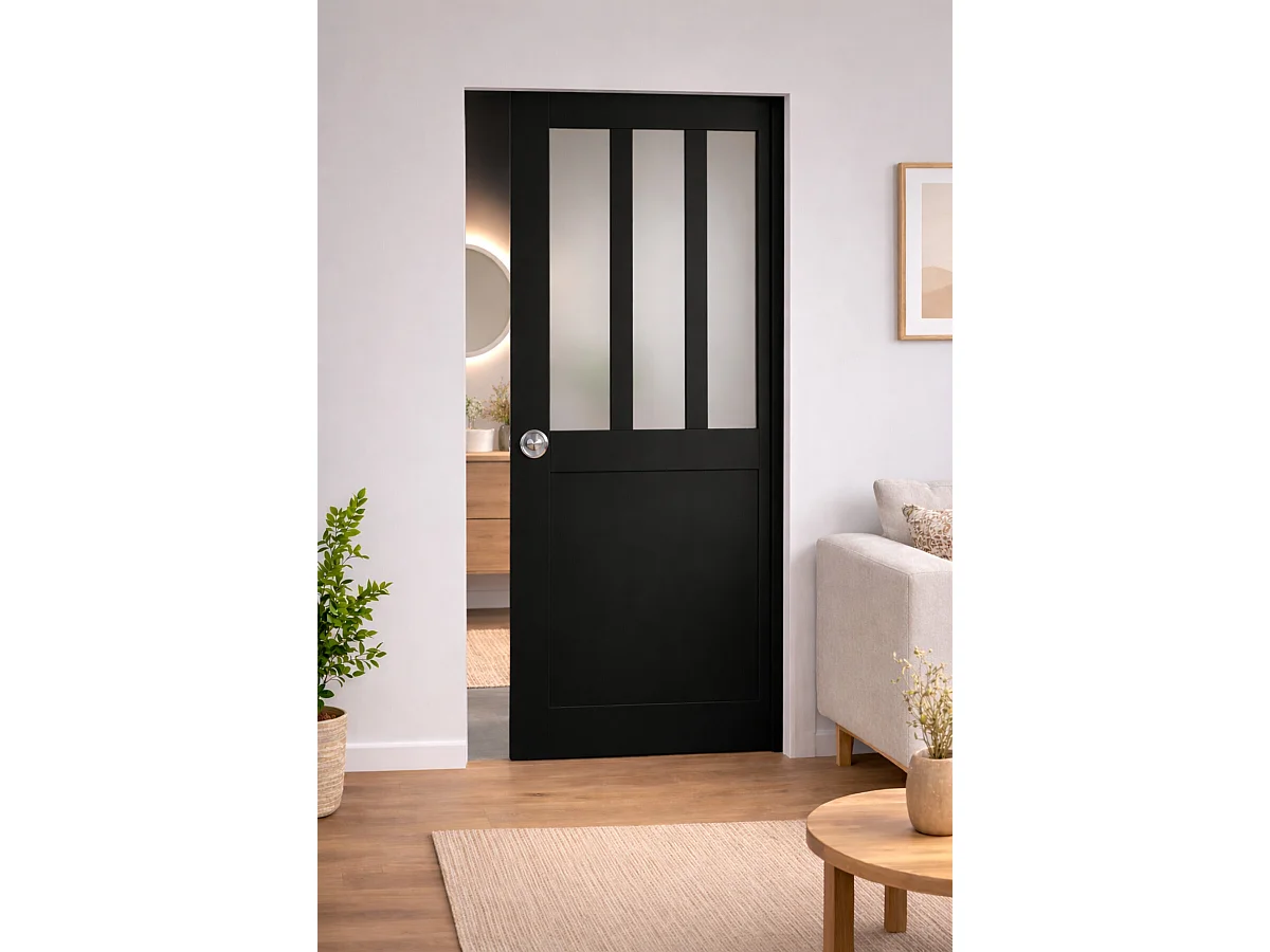 Porte Coulissante Atelier Noir Vitre Depoli H204 X L83, Galandage Gd Menuiseries