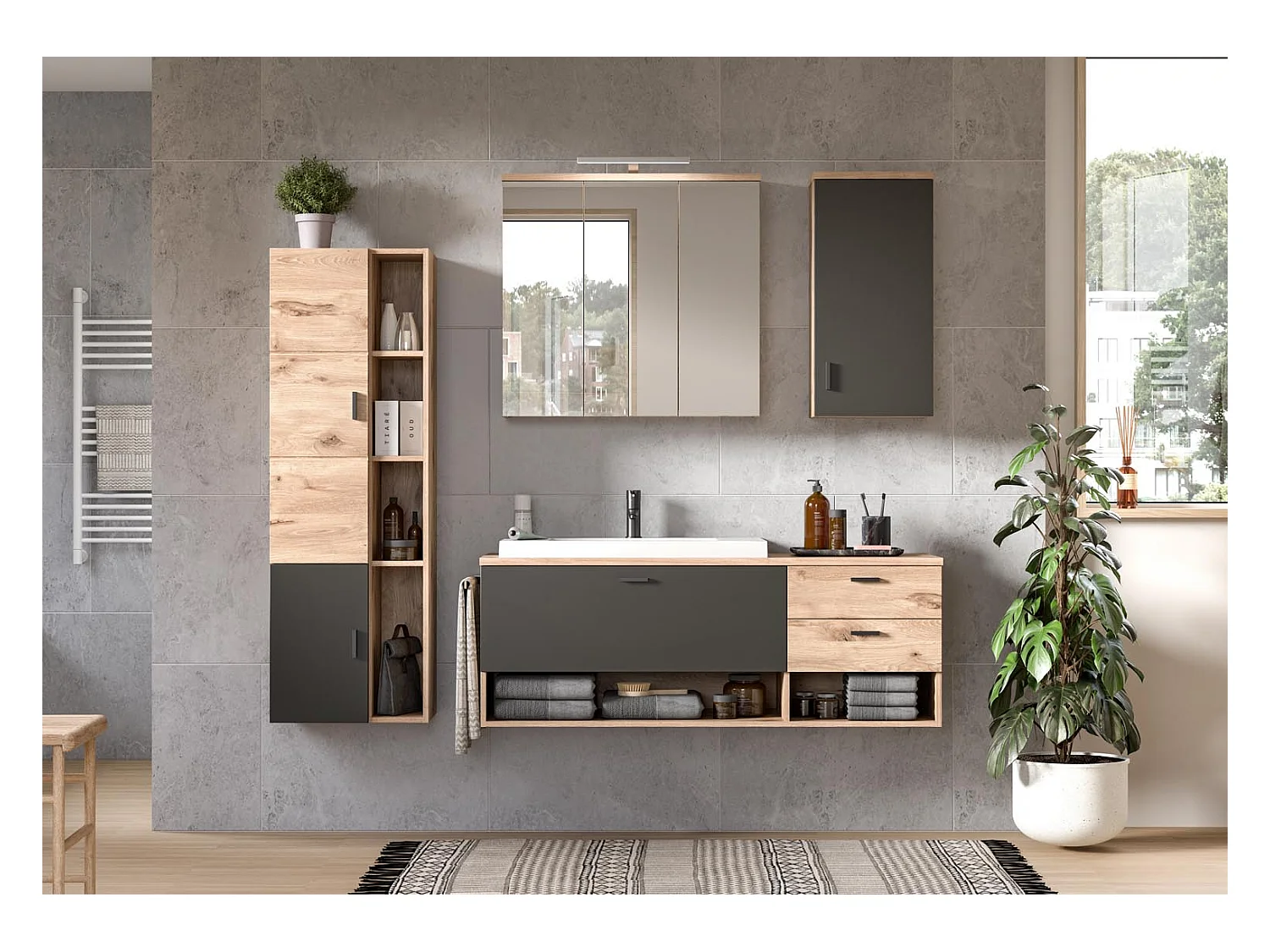 Grado armoire de salle de bain 2 portes, 4 tablettes chêne décor,mat gris.