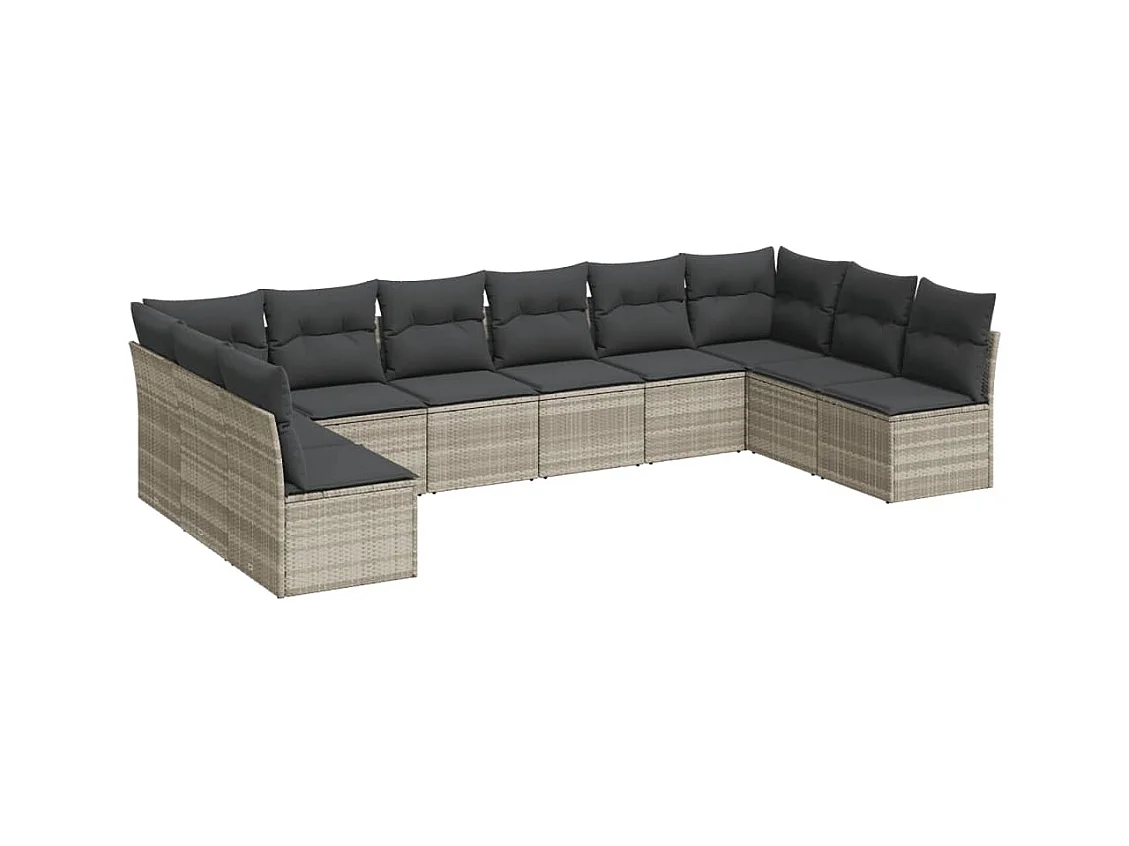 10-delige Loungeset met kussens poly rattan lichtgrijs