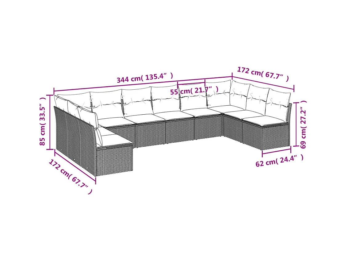 10-delige Loungeset met kussens poly rattan lichtgrijs