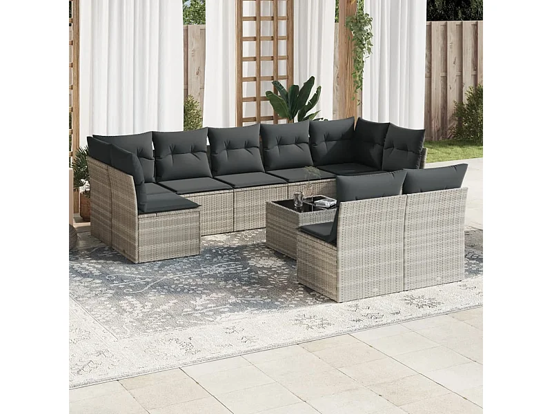 Salon de jardin avec coussins 10 pcs gris clair résine tressée