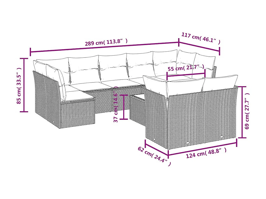 10-tlg. Garten-Sofagarnitur mit Kissen Hellgrau Poly Rattan