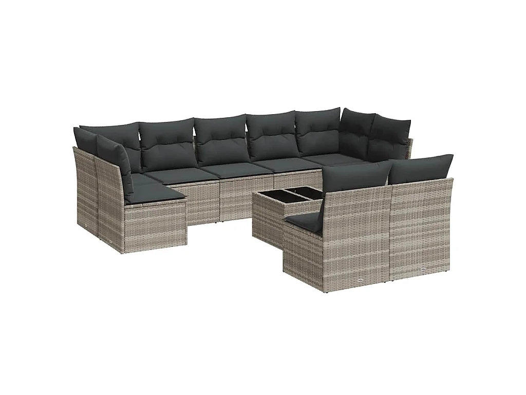 10-delige Loungeset met kussens poly rattan lichtgrijs
