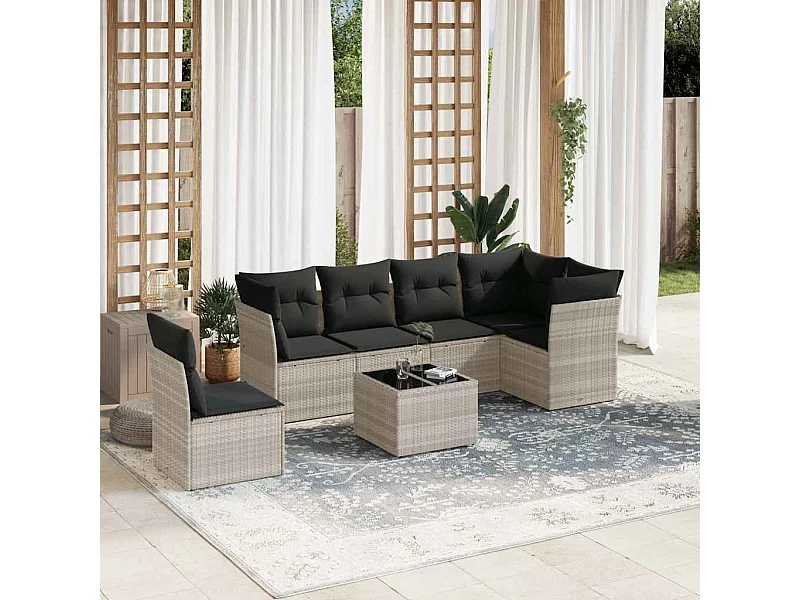7-tlg. Garten-Sofagarnitur mit Kissen Hellgrau Poly Rattan