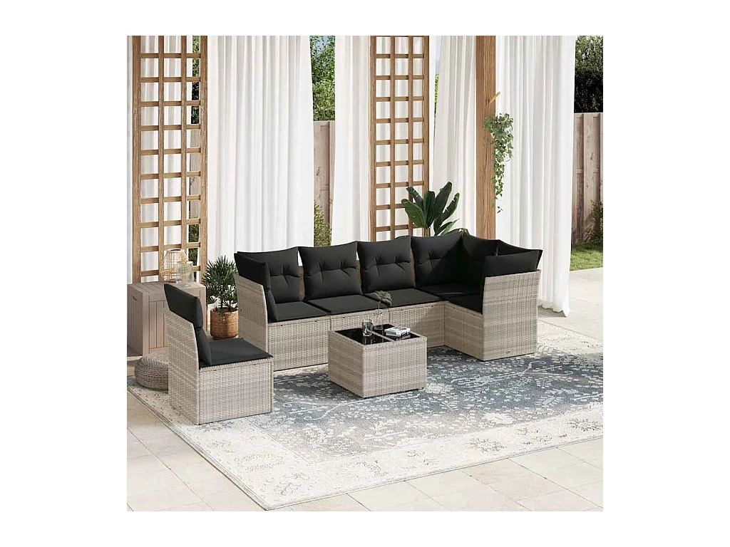 7-tlg. Garten-Sofagarnitur mit Kissen Hellgrau Poly Rattan