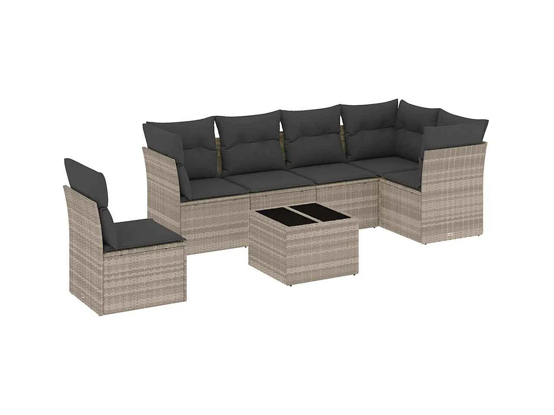 7-tlg. Garten-Sofagarnitur mit Kissen Hellgrau Poly Rattan