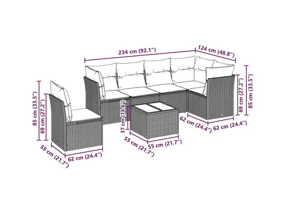 7-tlg. Garten-Sofagarnitur mit Kissen Hellgrau Poly Rattan