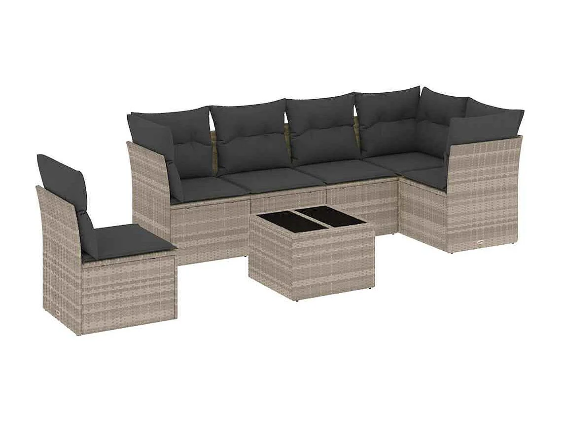 7-tlg. Garten-Sofagarnitur mit Kissen Hellgrau Poly Rattan