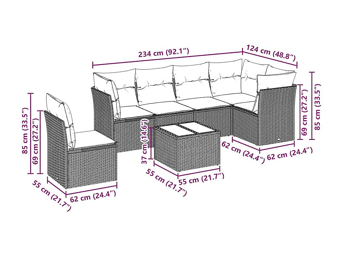 7-tlg. Garten-Sofagarnitur mit Kissen Hellgrau Poly Rattan