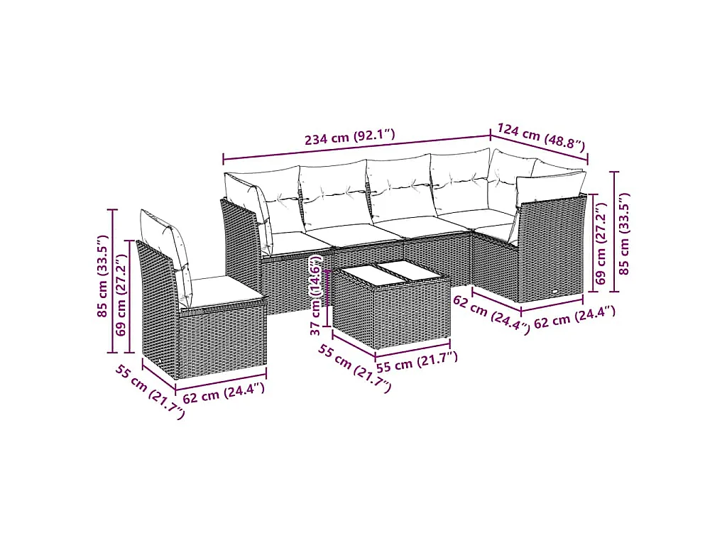 7-delige Loungeset met kussens poly rattan lichtgrijs