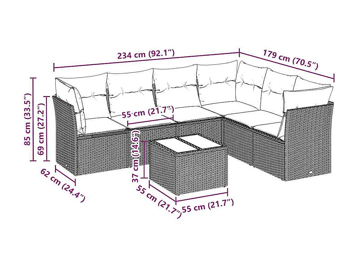 Salon de jardin avec coussins 7 pcs gris clair résine tressée