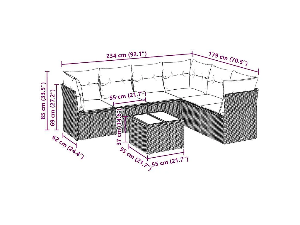 Salon de jardin avec coussins 7 pcs gris clair résine tressée