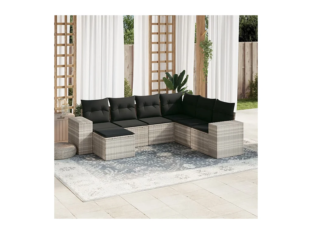 Set Divani da Giardino 7pz con Cuscini Grigio Chiaro Polyrattan