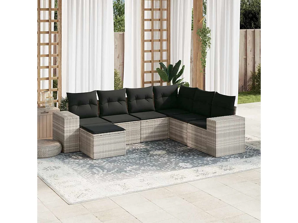 Salon de jardin avec coussins 7 pcs gris clair résine tressée