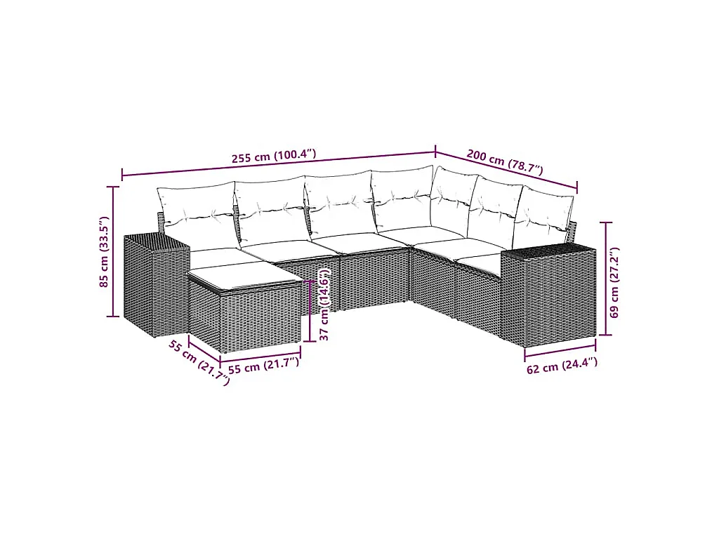 Salon de jardin avec coussins 7 pcs gris clair résine tressée