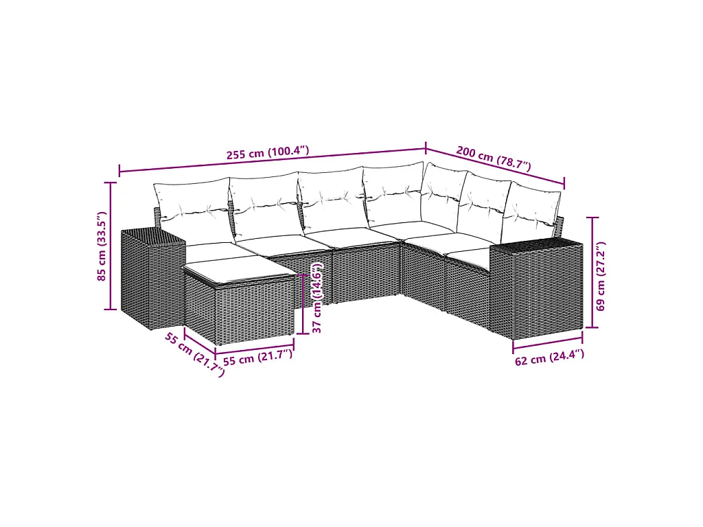 Salon de jardin avec coussins 7 pcs gris clair résine tressée