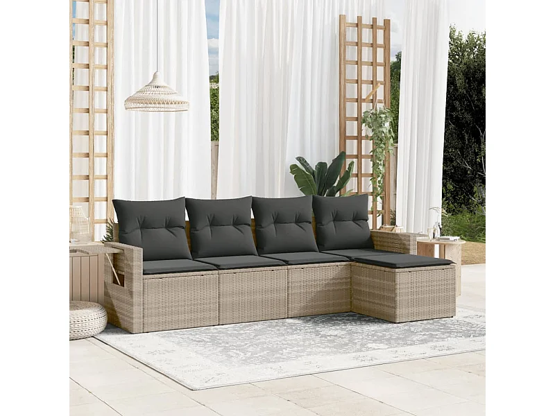 5-tlg. Garten-Sofagarnitur mit Kissen Hellgrau Poly Rattan