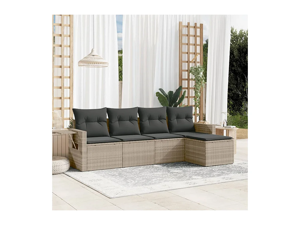 5-delige Loungeset met kussens poly rattan lichtgrijs