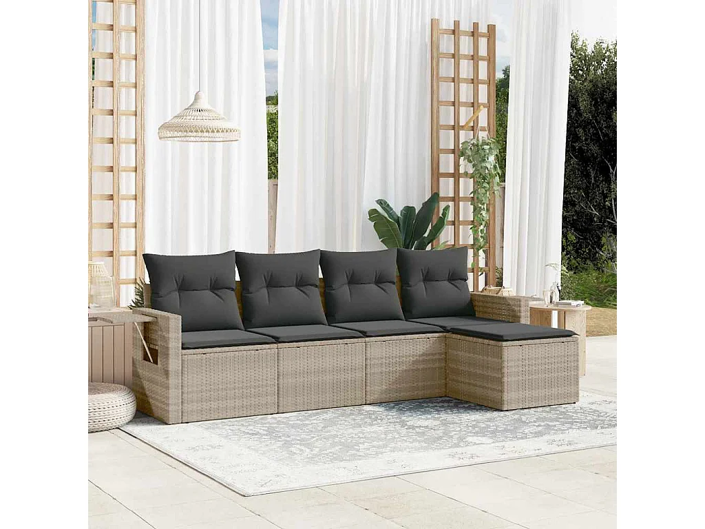 Set Divano da Giardino 5pz con Cuscini Grigio Chiaro Polyrattan