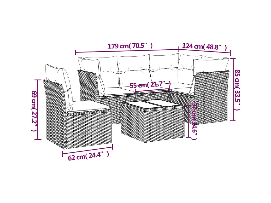 Salon de jardin 6 pcs avec coussins gris clair résine tressée