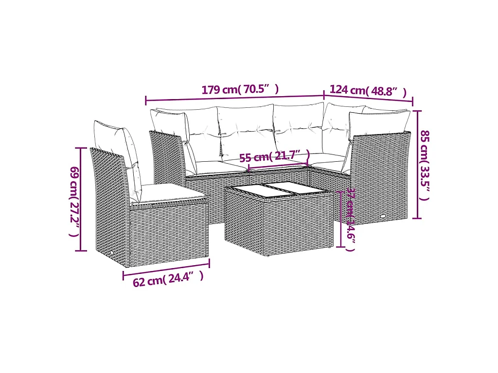 Salon de jardin 6 pcs avec coussins gris clair résine tressée