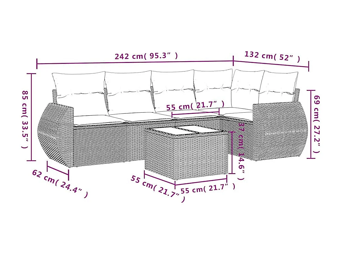 6 pcs conj. sofás jardim com almofadões vime PE cinzento-claro