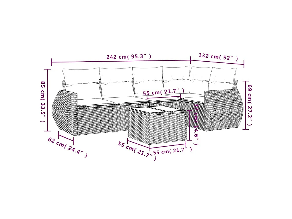 Salon de jardin 6 pcs avec coussins gris clair résine tressée