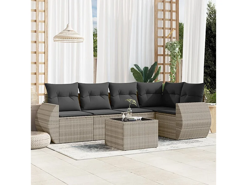 Salon de jardin 6 pcs avec coussins gris clair résine tressée