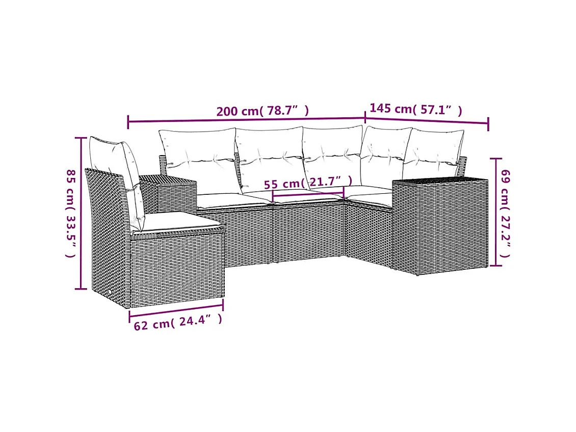 Salon de jardin 5 pcs avec coussins gris clair résine tressée