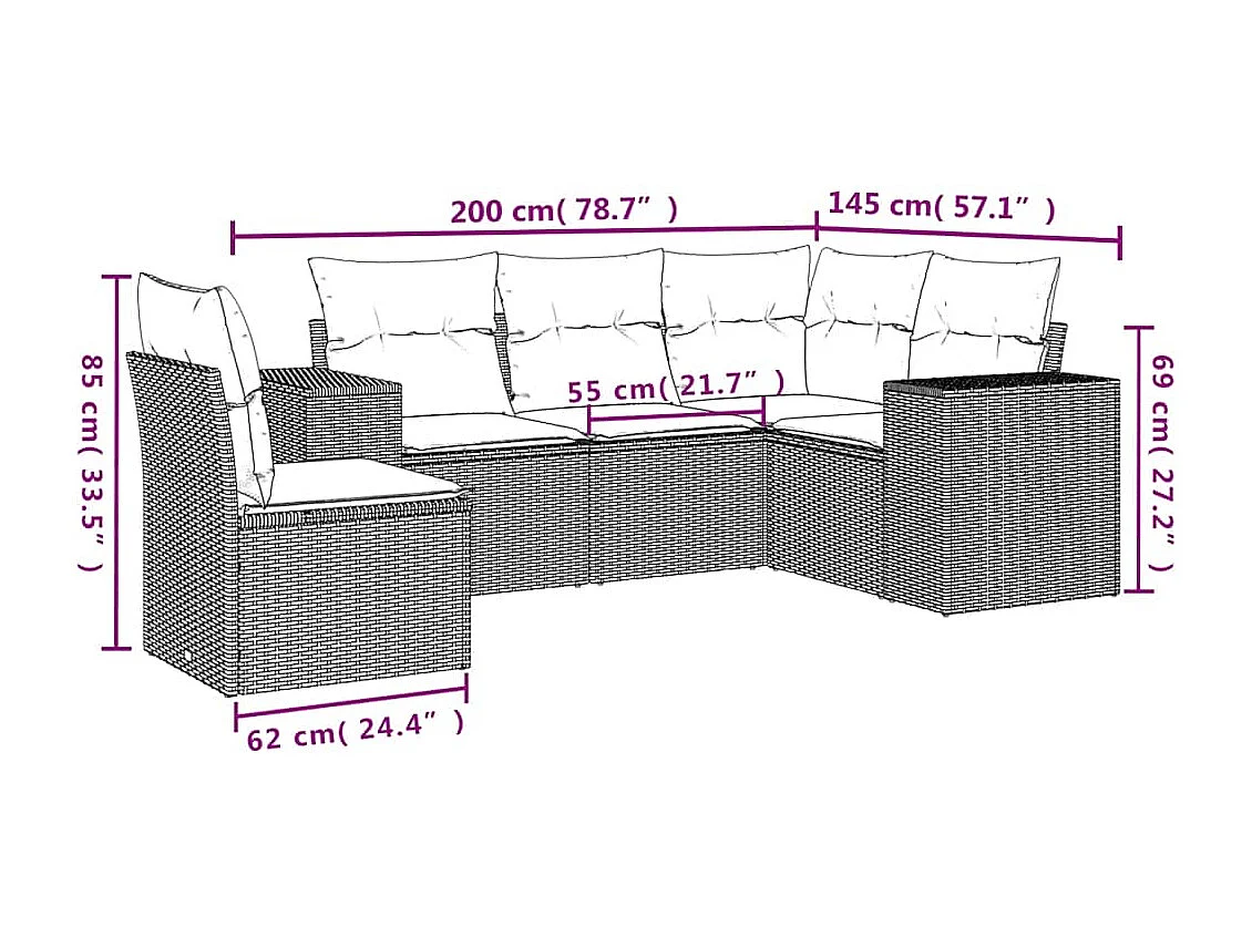 Salon de jardin 5 pcs avec coussins gris clair résine tressée