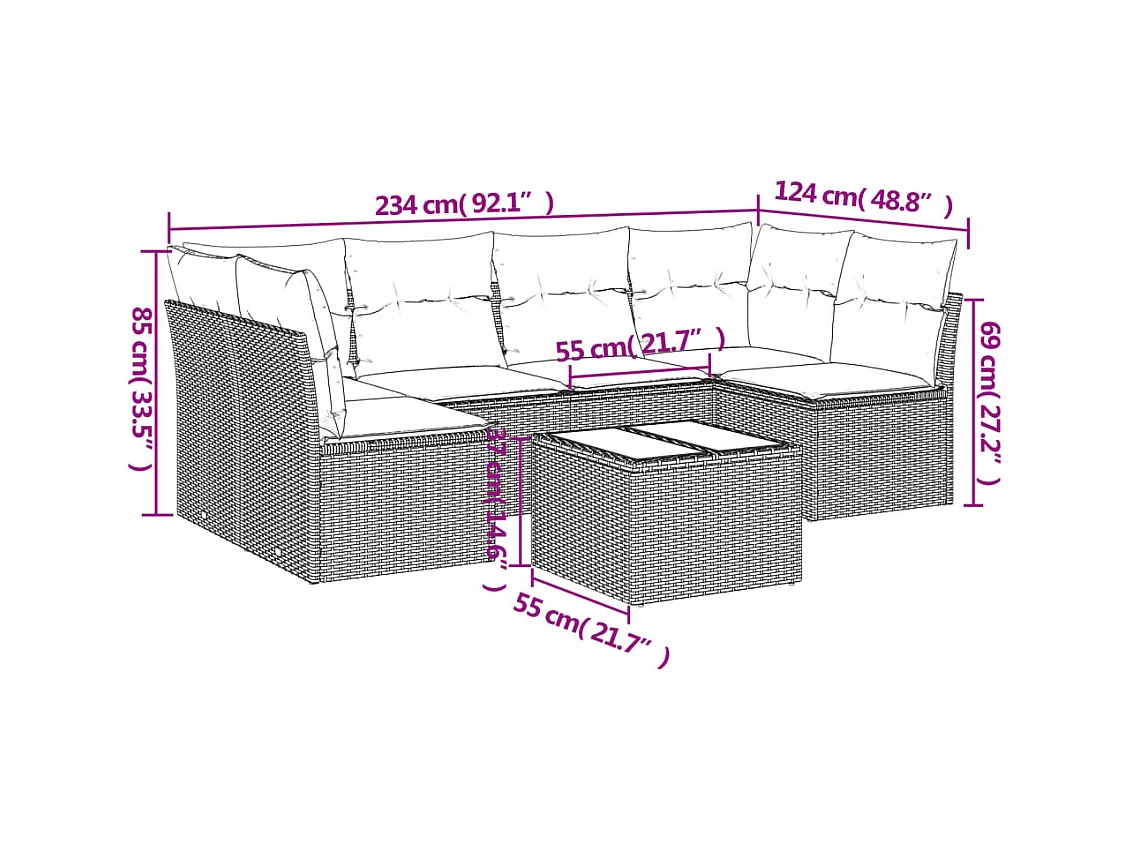 7-delige Loungeset met kussens poly rattan lichtgrijs