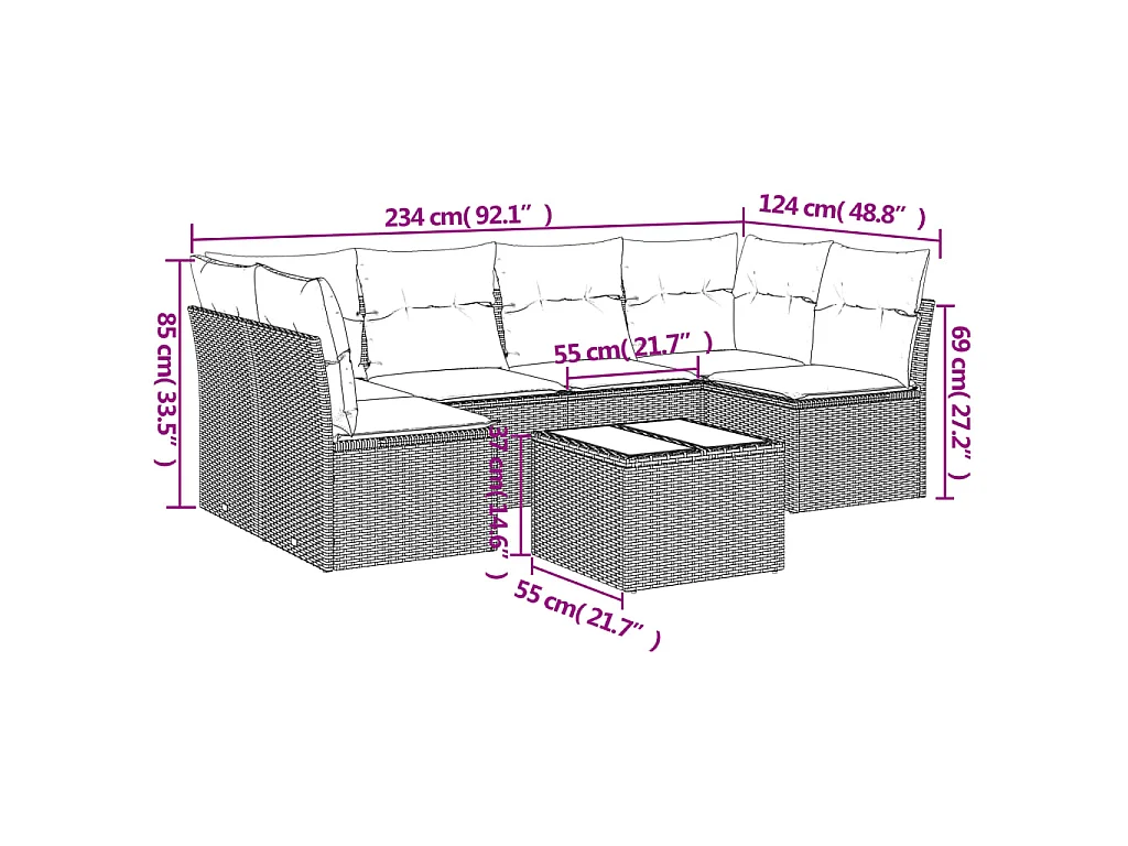 7-delige Loungeset met kussens poly rattan lichtgrijs