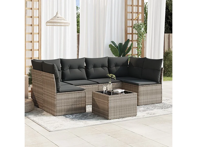 Salon de jardin avec coussins 7 pcs gris clair résine tressée