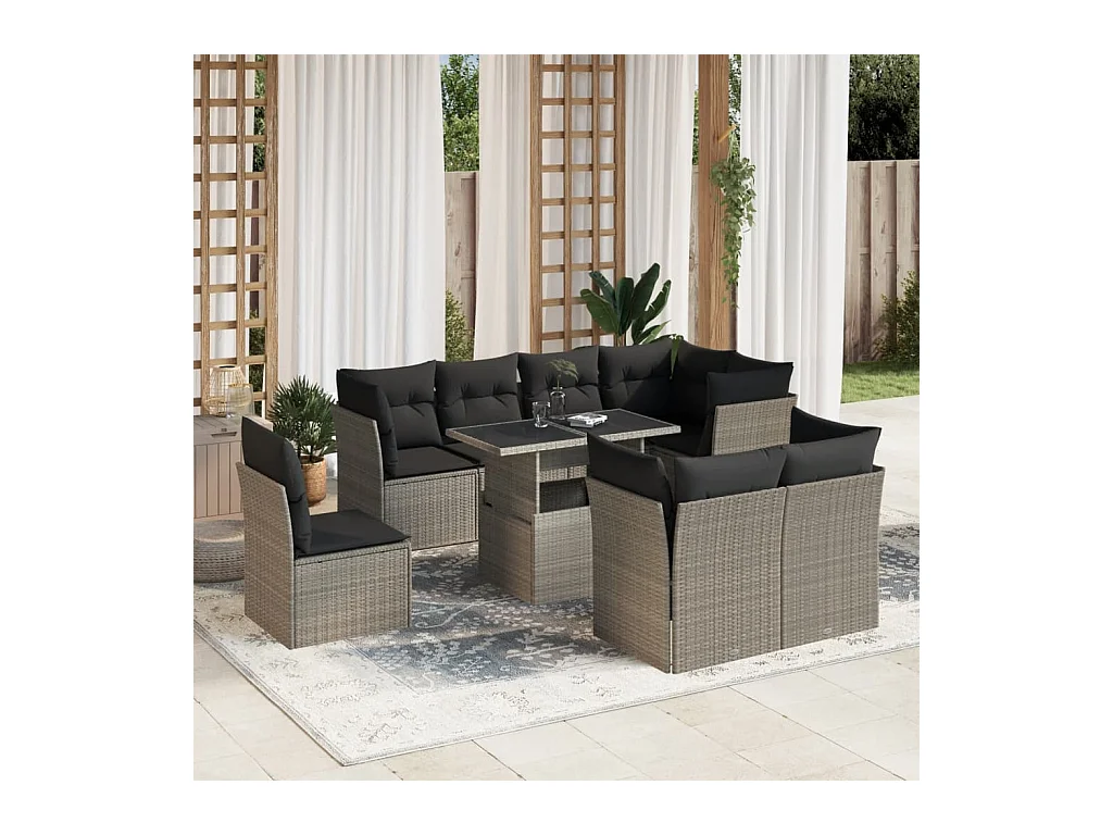 Salon de jardin 9 pcs avec coussins gris clair résine tressée