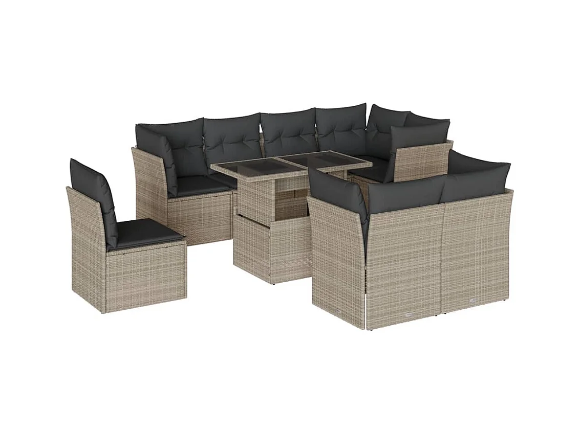 Salon de jardin 9 pcs avec coussins gris clair résine tressée