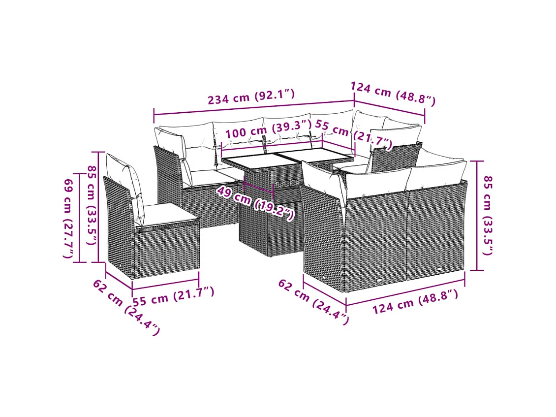 Salon de jardin 9 pcs avec coussins gris clair résine tressée